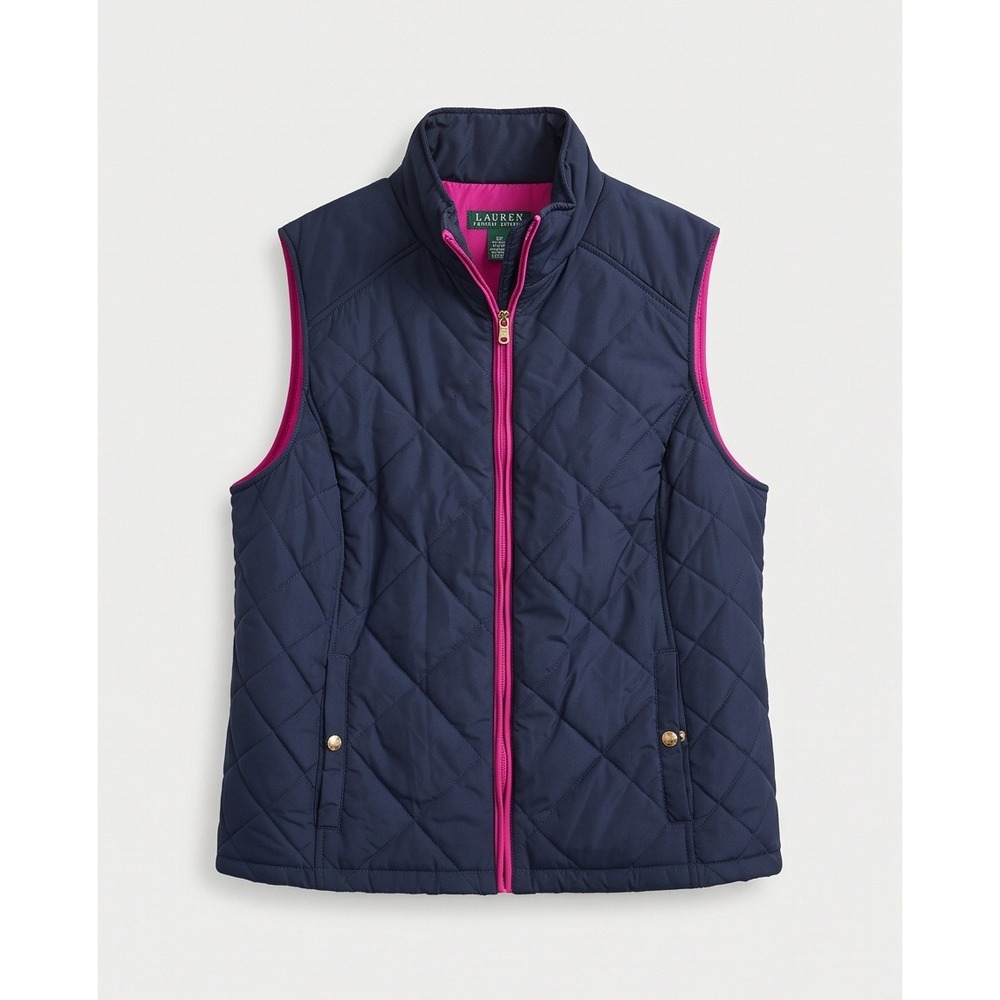 Lauren Ralph Lauren 1X Womens Navy & Pink Quilted Full Zip Vest